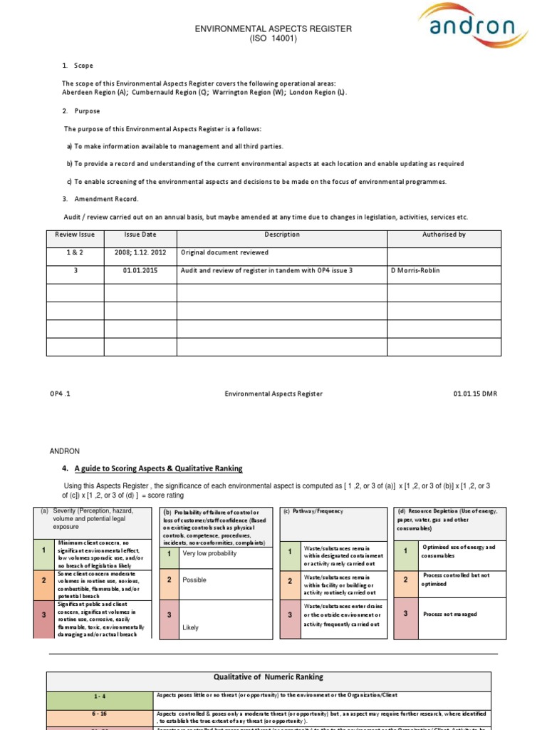 ISO 14001 Environmental Aspects Register | PDF | Waste Management | Waste