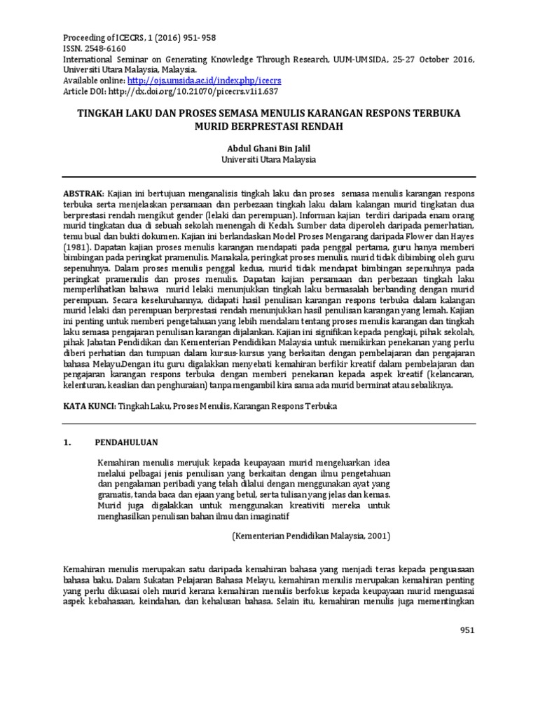 Tingkah Laku Dan Proses Semasa Menulis Karangan Respons Terbuka Murid Berprestasi Rendah Pdf