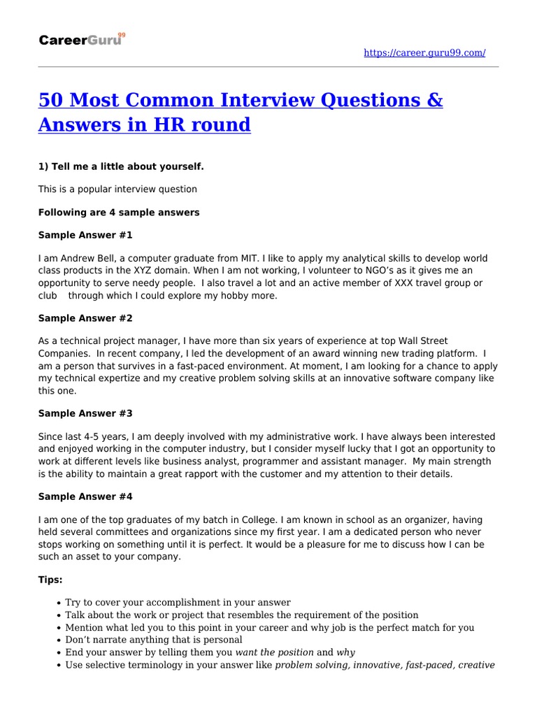 50 Most Common Interview Questions & Answers in HR Round 1) Tell Me A