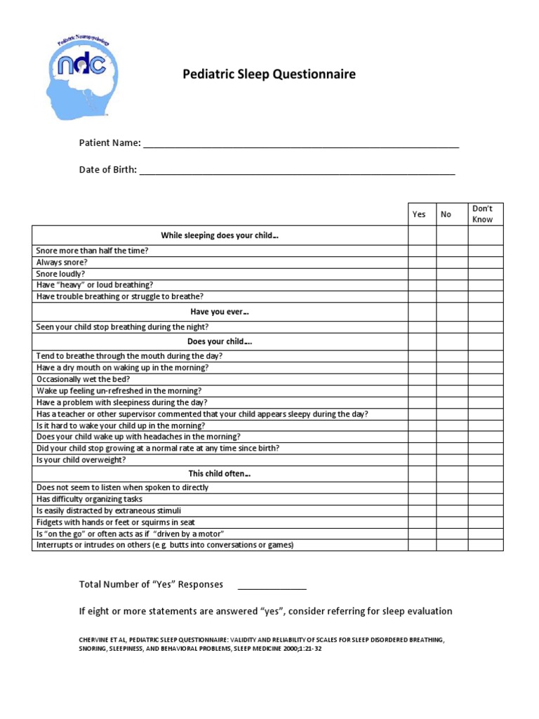 Pediatric Sleep Questionnaire While Sleeping Does Your Child PDF