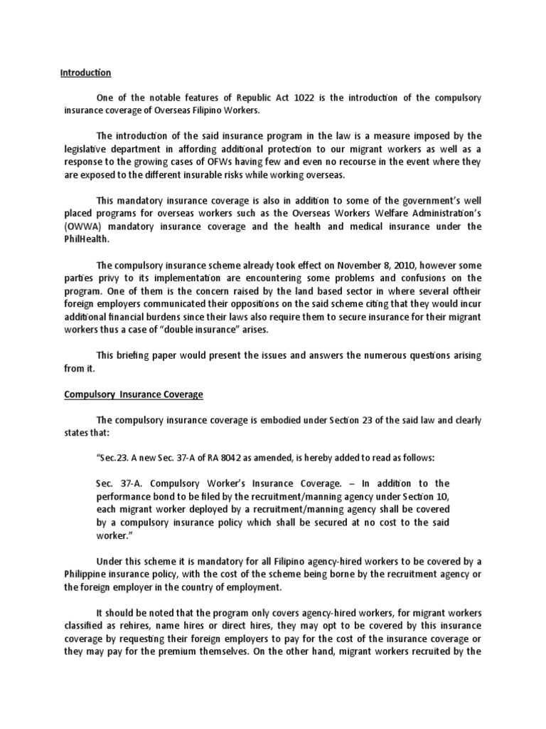 Compulsory Insurance for OFWs Explained | PDF | Insurance | Employment