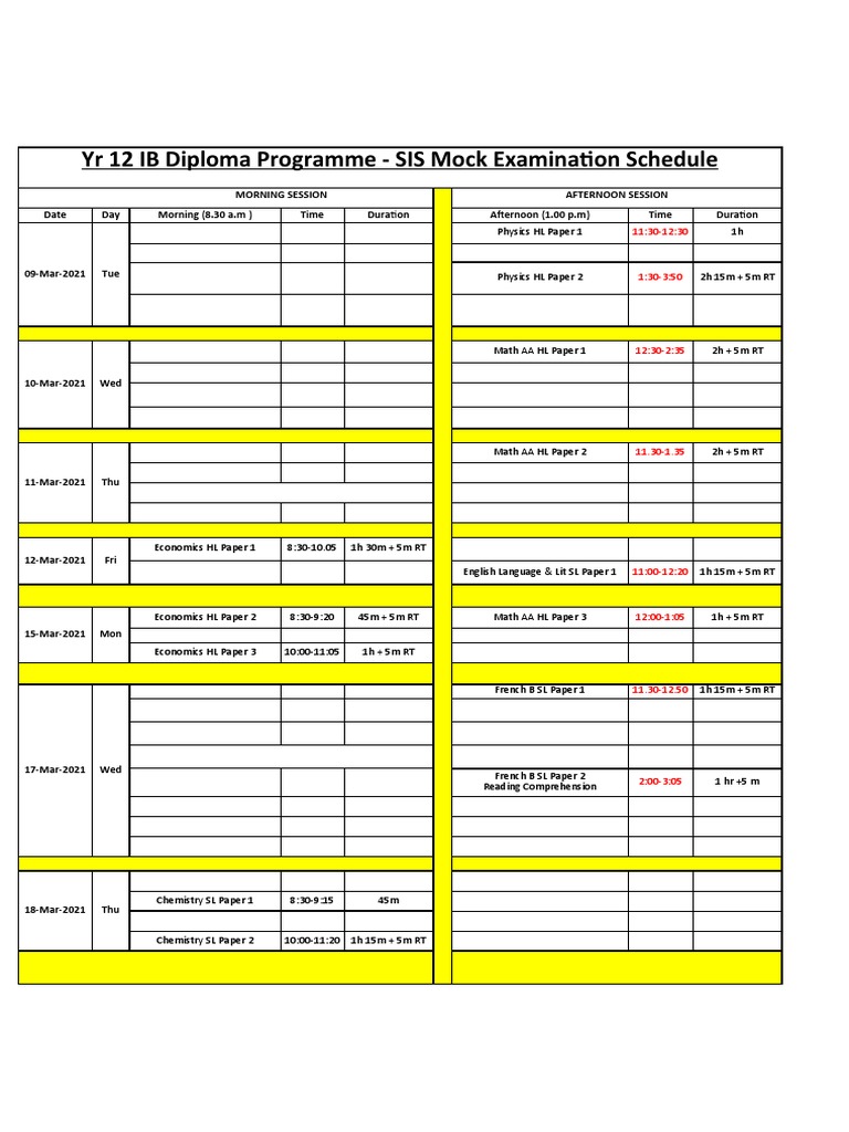 Yr 12 IB Diploma Mock Exam Schedule | PDF