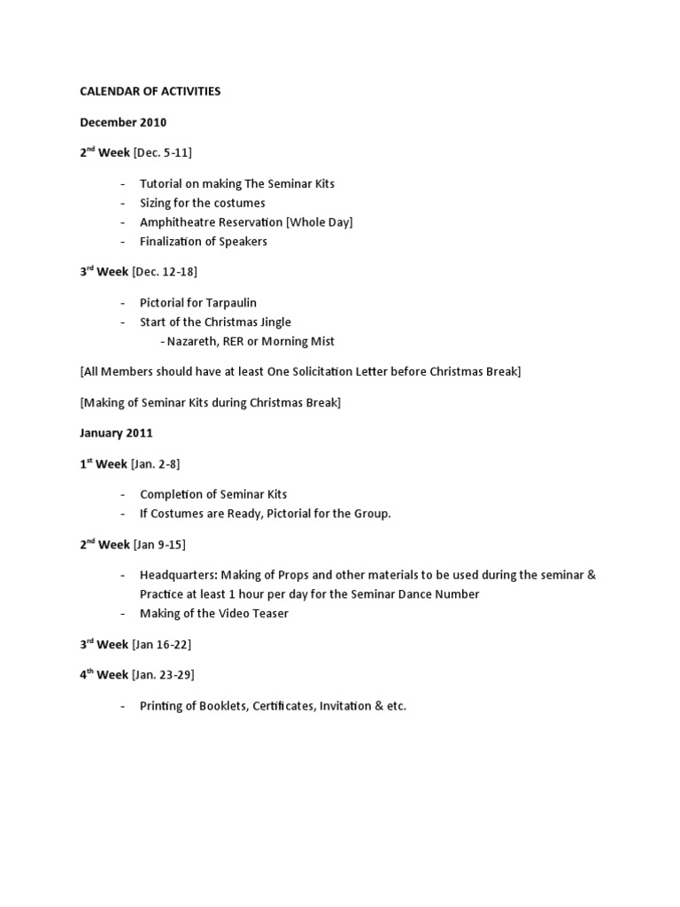 Calendar of Activities | PDF | Career & Growth