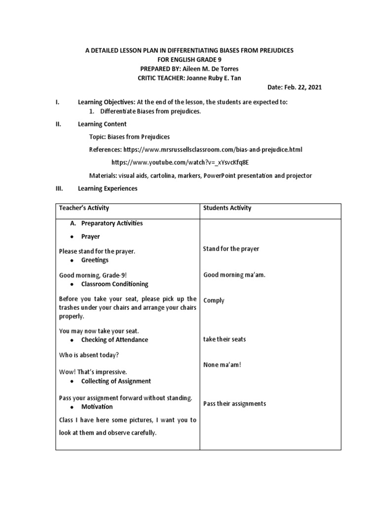 Differentiating Bias and Prejudice: Lesson Plan | PDF | Prejudices | Bias