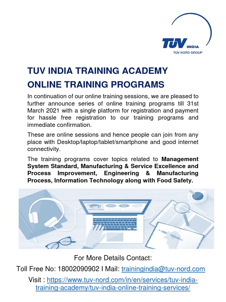 TUV India Training Academy Online Training Calendar Uptill 31st March