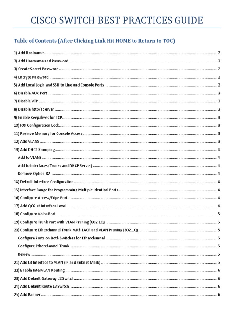 Cisco Switch Best Practices Guide Table of Contents (After Clicking