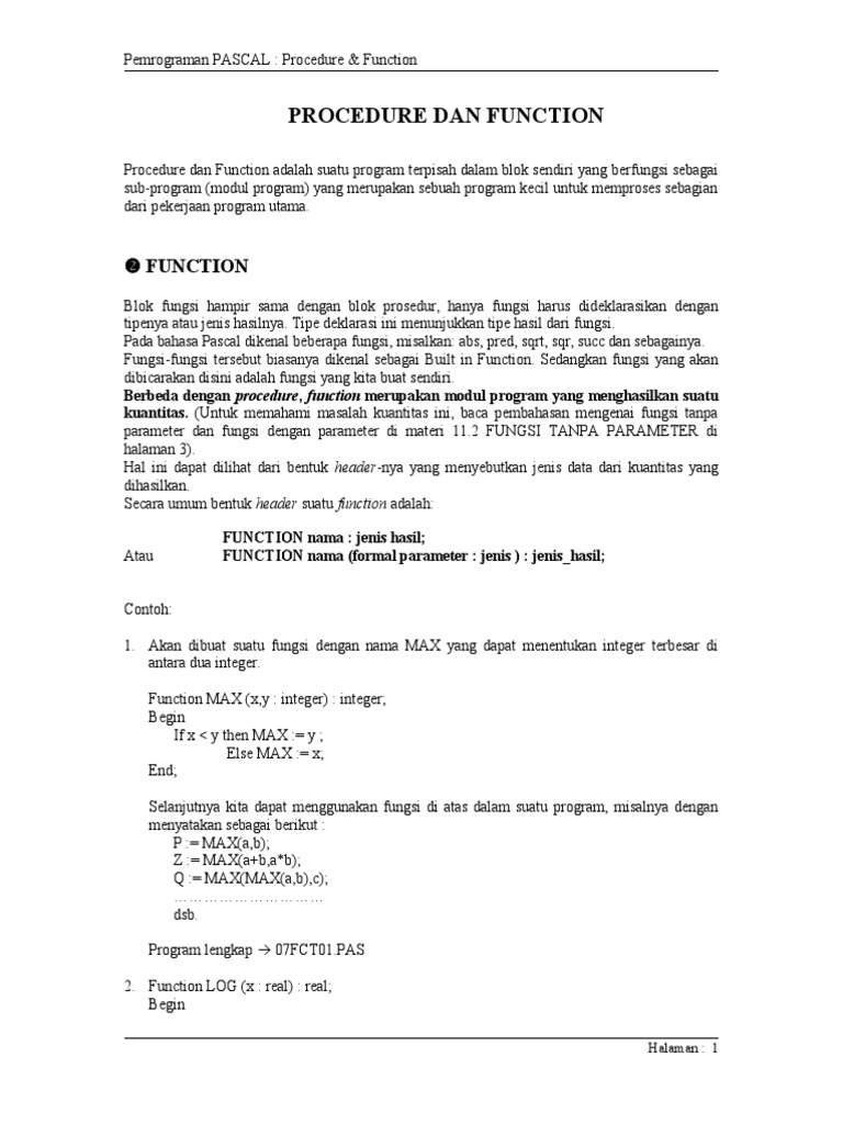 Panduan Lengkap Procedure dan Function Pascal | PDF | Metode & Bahan ...