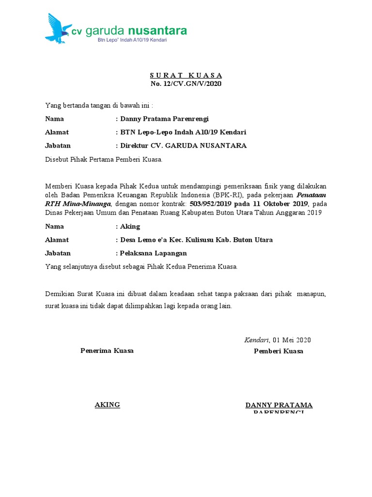Surat Kuasa CV. GARUDA NUSANTARA | PDF