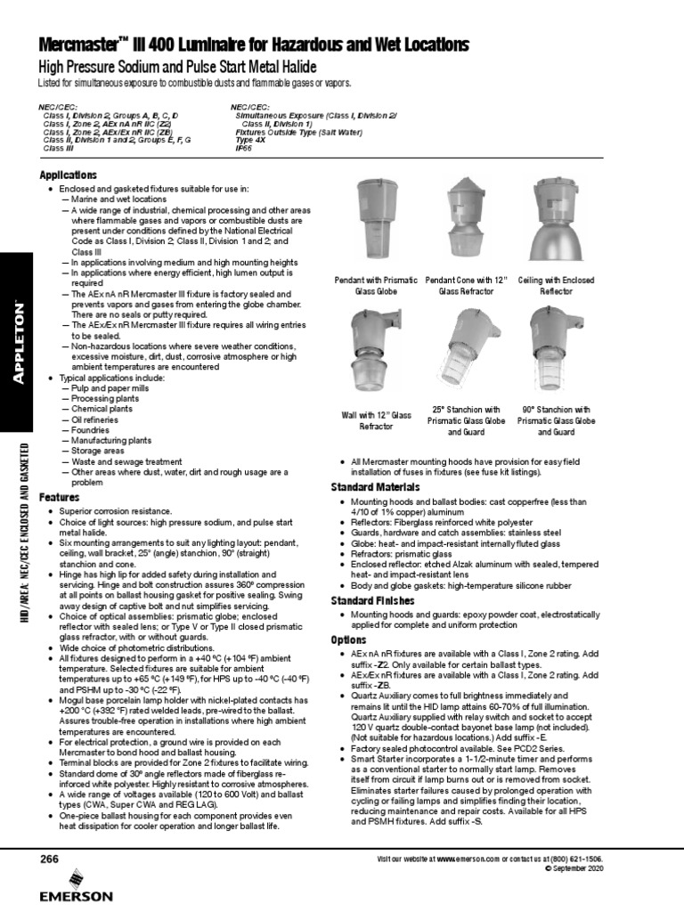 Mercmaster III 400 Luminaire For Hazardous and Wet Locations | PDF ...