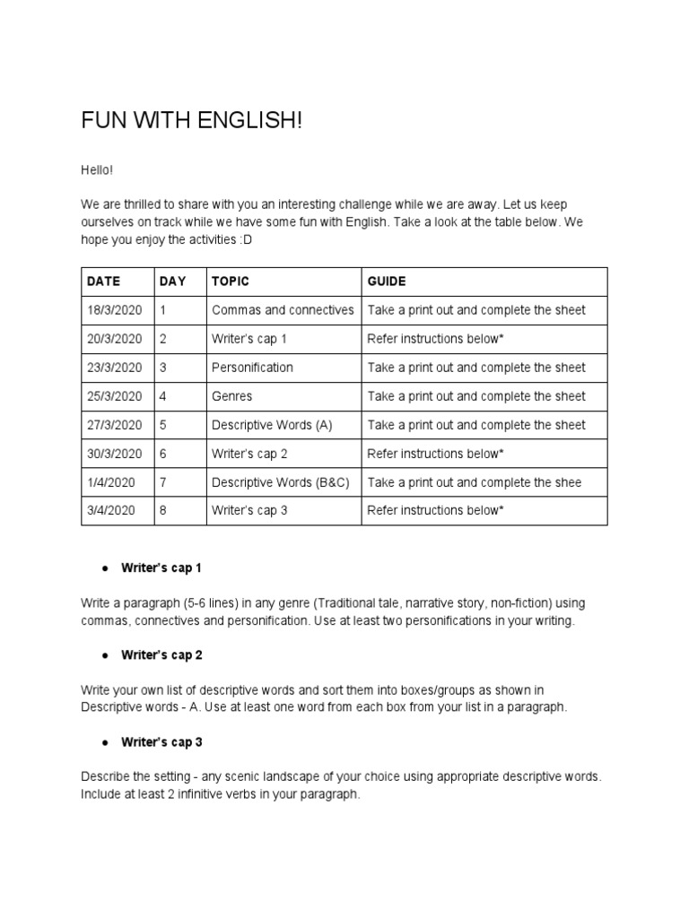 Fun English Writing Activities Guide | PDF