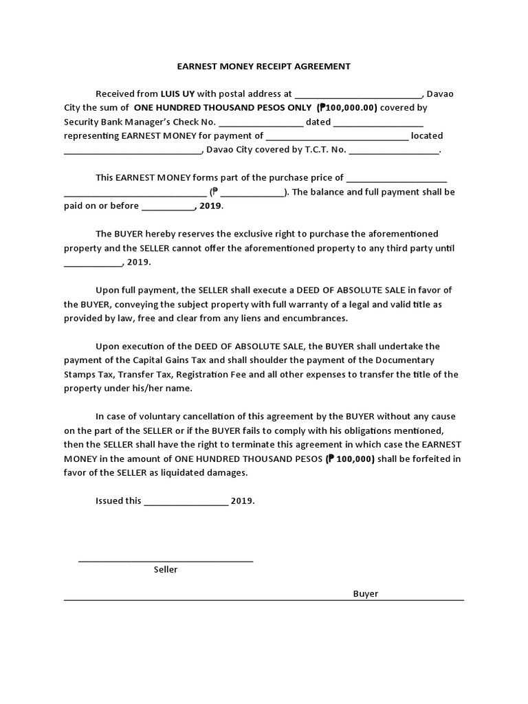 Earnest Money Receipt Agreement Template | PDF | Finance & Money Management