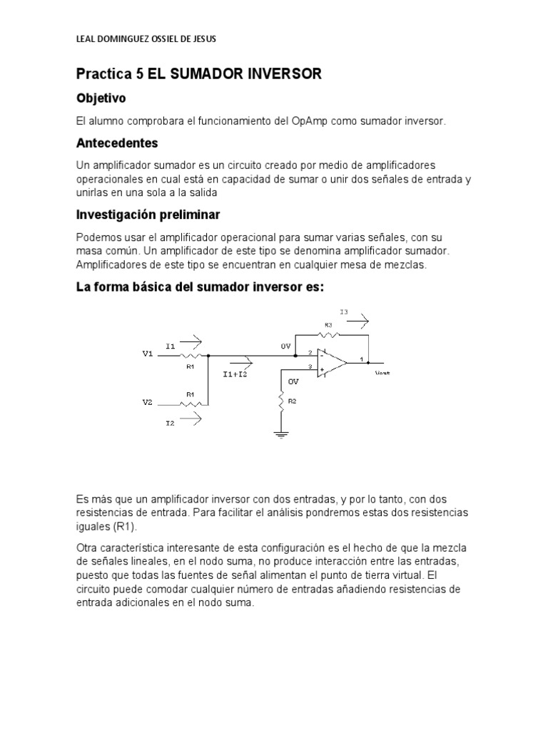 Practica 5 El Sumador Inversor | PDF | Amplificador operacional ...