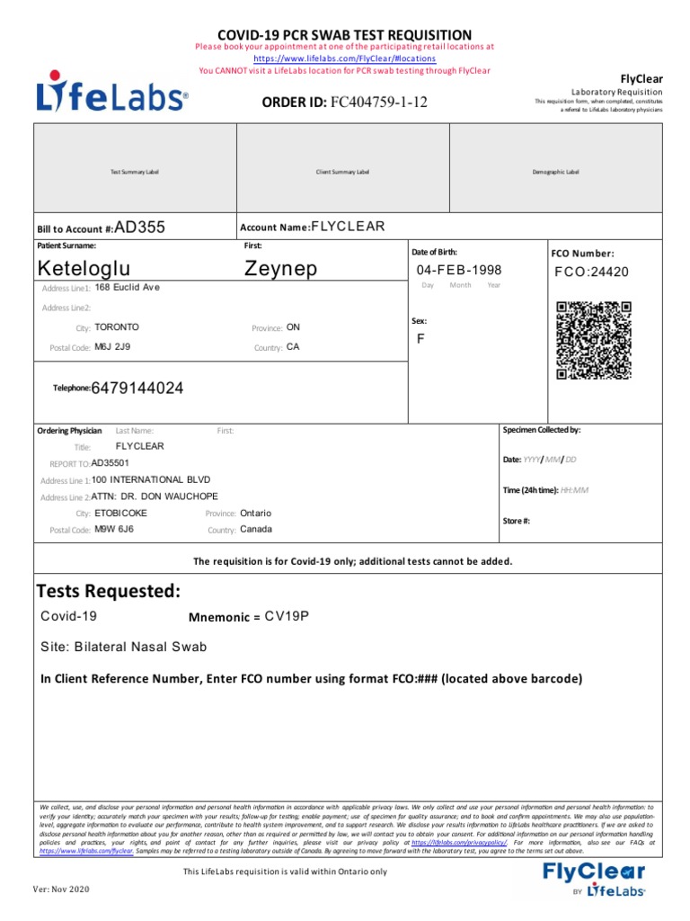 LifeLabs COVID-19 Test Requisition Form | PDF | Health Care | Medicine