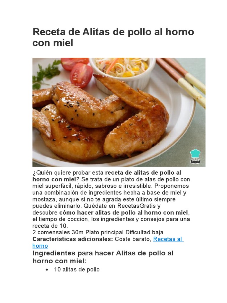 Receta de Alitas de Pollo Al Horno Con Miel | PDF