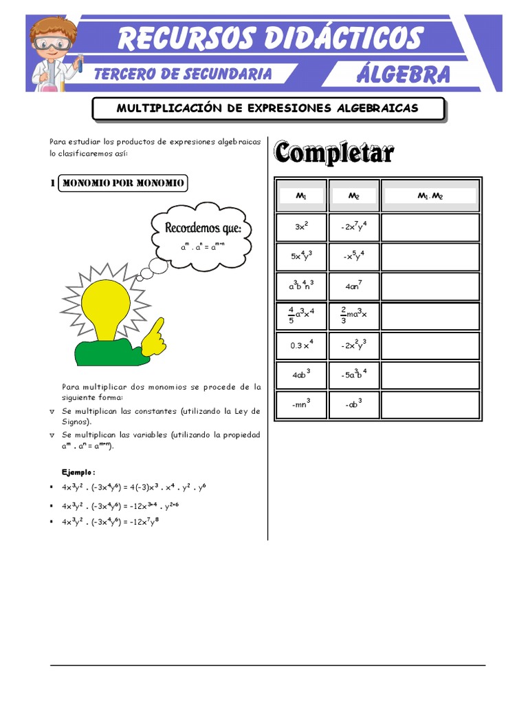 Multiplicación de Expresiones Algebraicas para Tercero de Secundaria ...