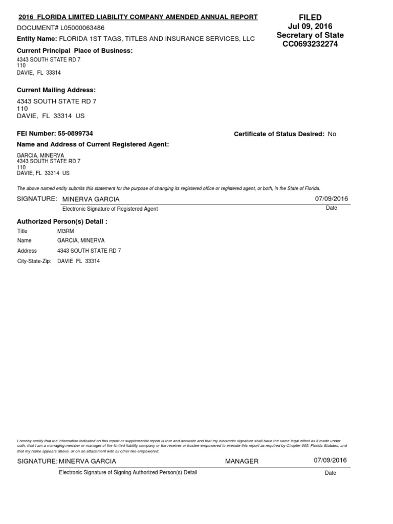 DOCUMENT L05000063486 2016 Florida Limited Liability Company Amended