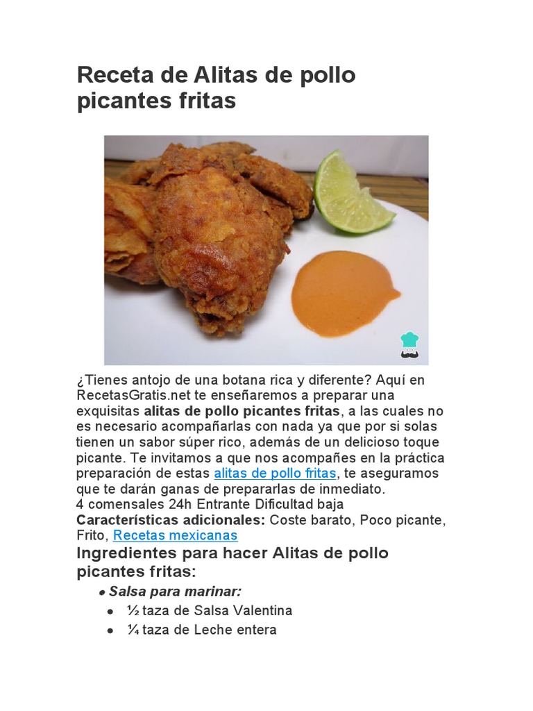 Receta de Alitas de Pollo Picantes Fritas | PDF | Salsa | Cocina europea