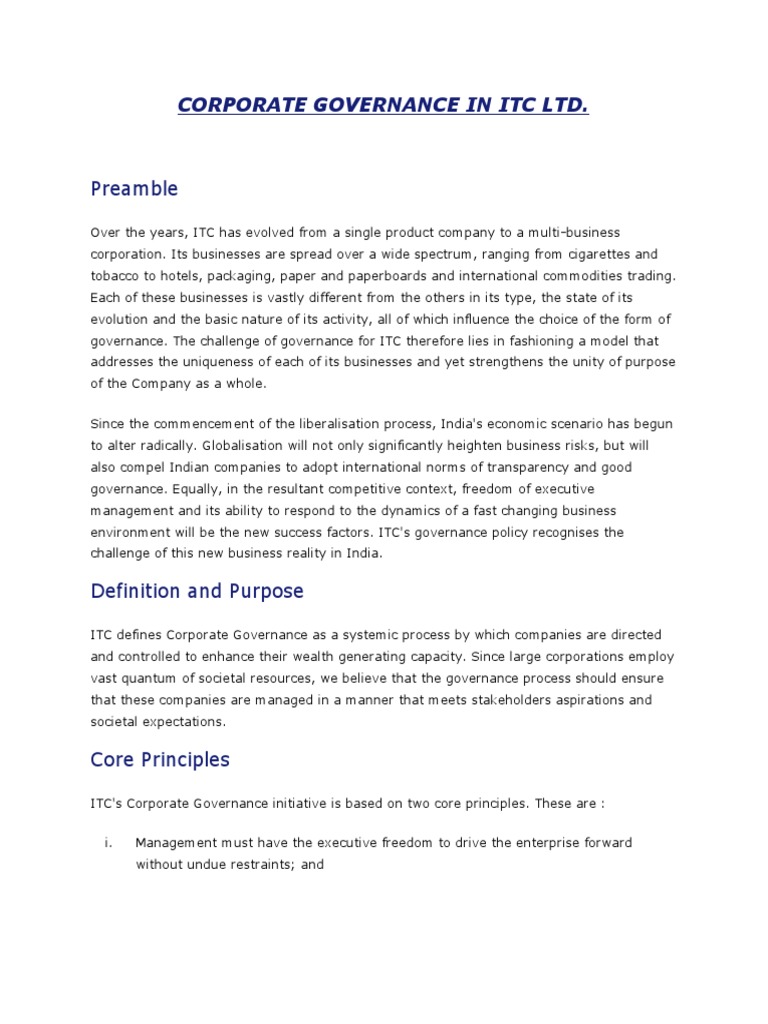 ITC Corporate Governance Framework | PDF | Governance | Corporate ...