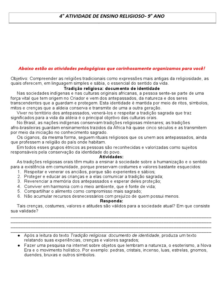 4 Atividade de Ensino Religioso - 9º Ano (01 A 05 de Março) | Download ...