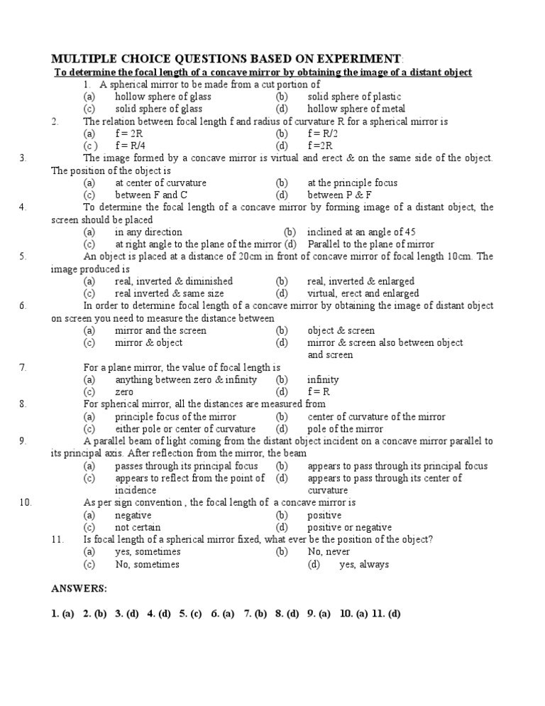 Multiple Choice Questions Based on Experiment Lens (Optics) Optics
