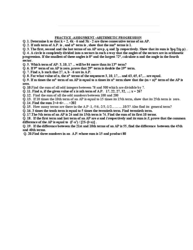 Arithmetic Progression Practice Assignment | PDF