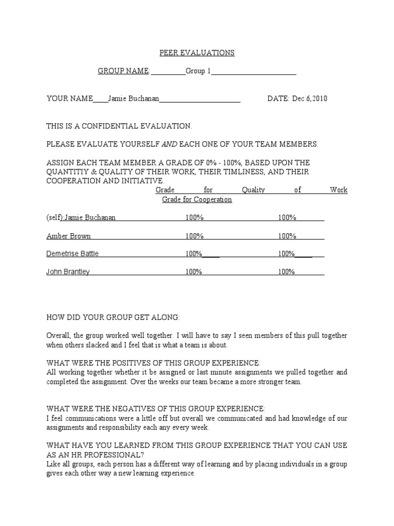 Peer Evaluation for Group Project | PDF