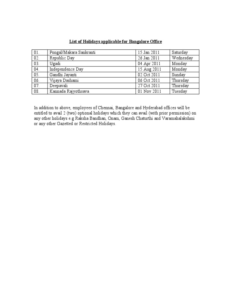 What Are The List Of Holidays