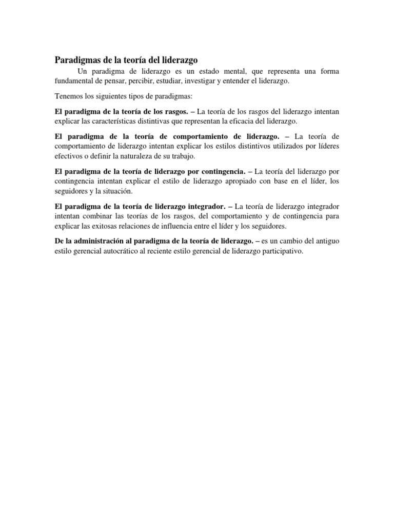 Paradigmas de la Teoría del Liderazgo | PDF | Crecimiento personal y ...