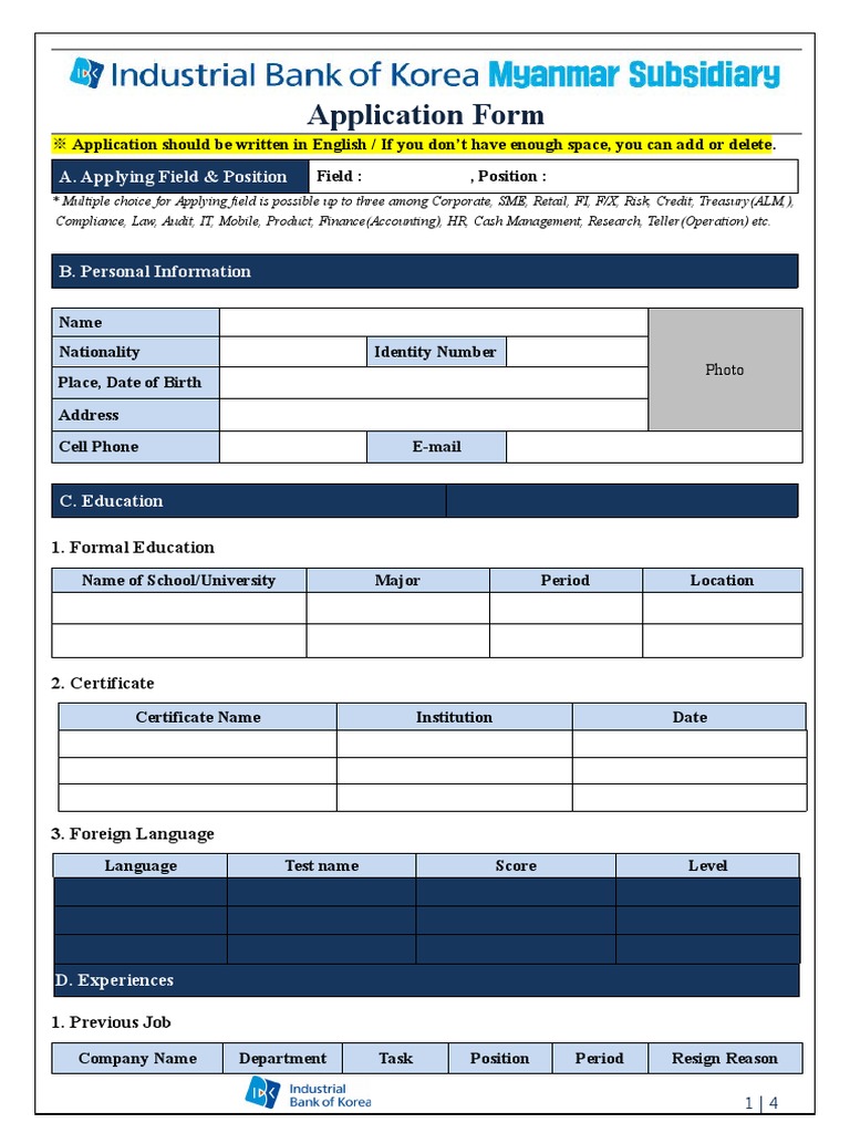 200520) Application Form (IBK Myanmar Susidiary ( Ç°ï) - ÃÖÁ | PDF |  Business