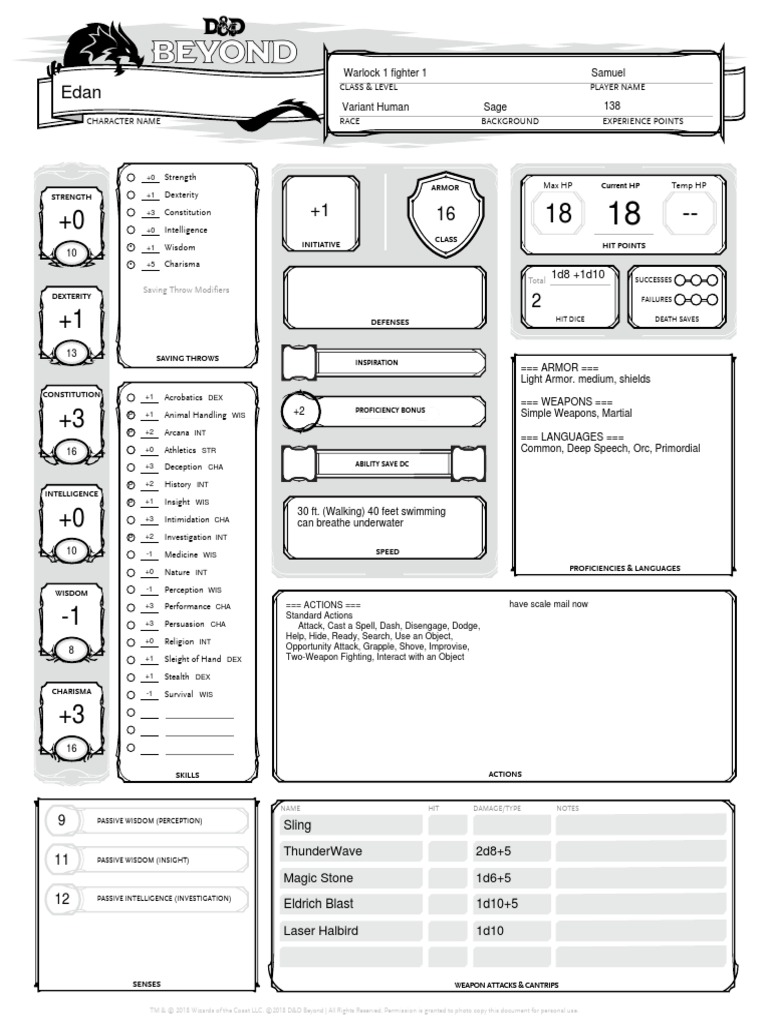 Warlock 1 Fighter 1 Samuel Saving Throw Modifiers Total PDF Role Playing Games Fantasy