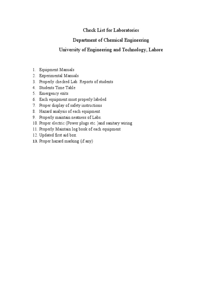 Essential Laboratory Safety Checklist | PDF | Science & Mathematics