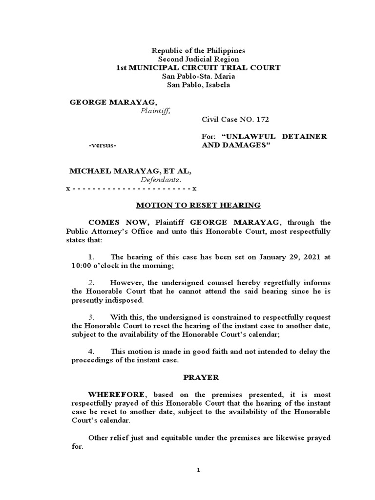 Motion To Reset Hearing PDF Lawyer Government Institutions