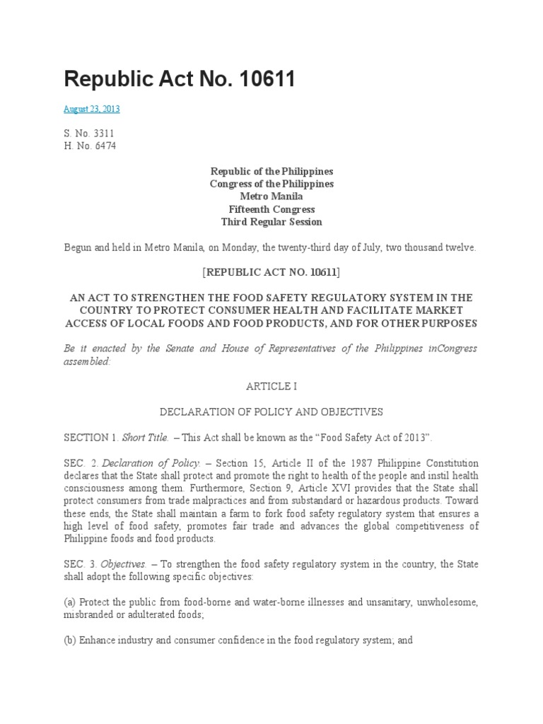 Republic Act No 10611 PDF Food Safety Regulatory Compliance