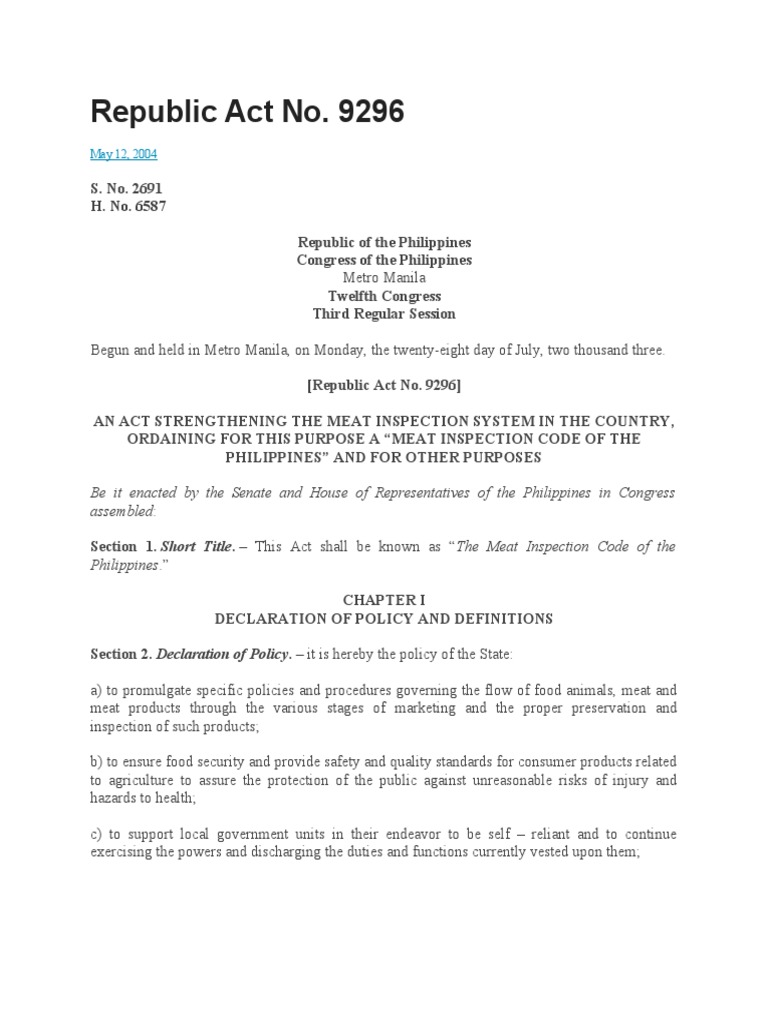Ra 9296 Pdf – The Meat Inspection Code of the Philippines: Securing ...