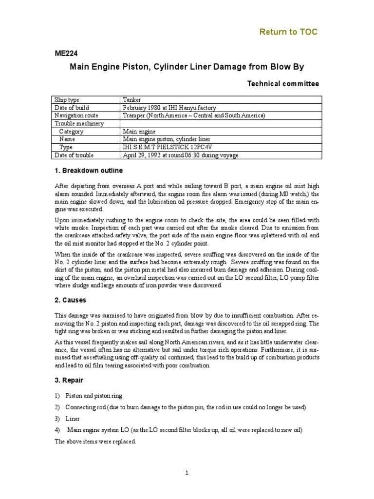 Main Engine Piston, Cylinder Liner Damage From Blow By Return To TOC