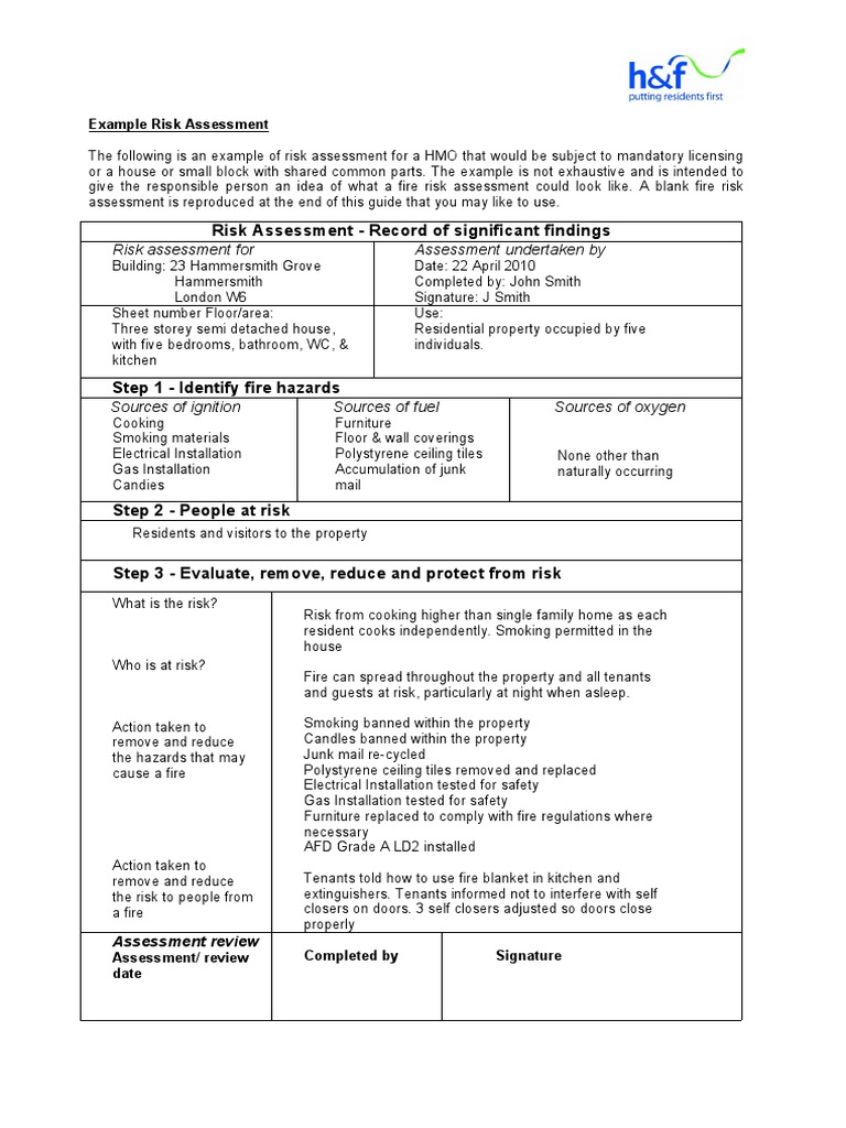 Example Fire Risk Assessment Form Tcm21143373 PDF Fires Risk