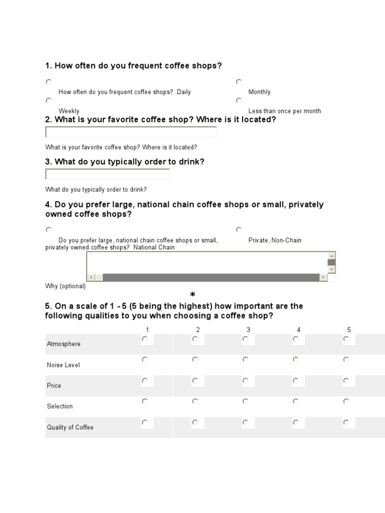 Questionnaire On Coffee Coffeehouse Coffee