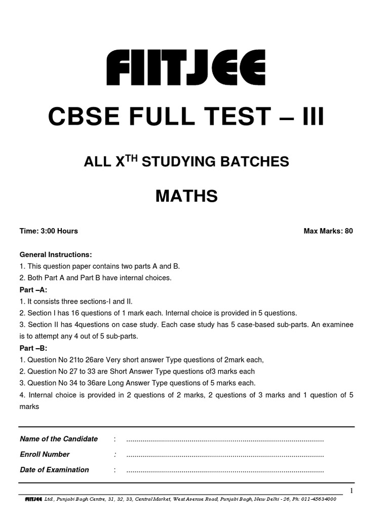 Math Test Paper for Class X Students | PDF | Sphere | Circle