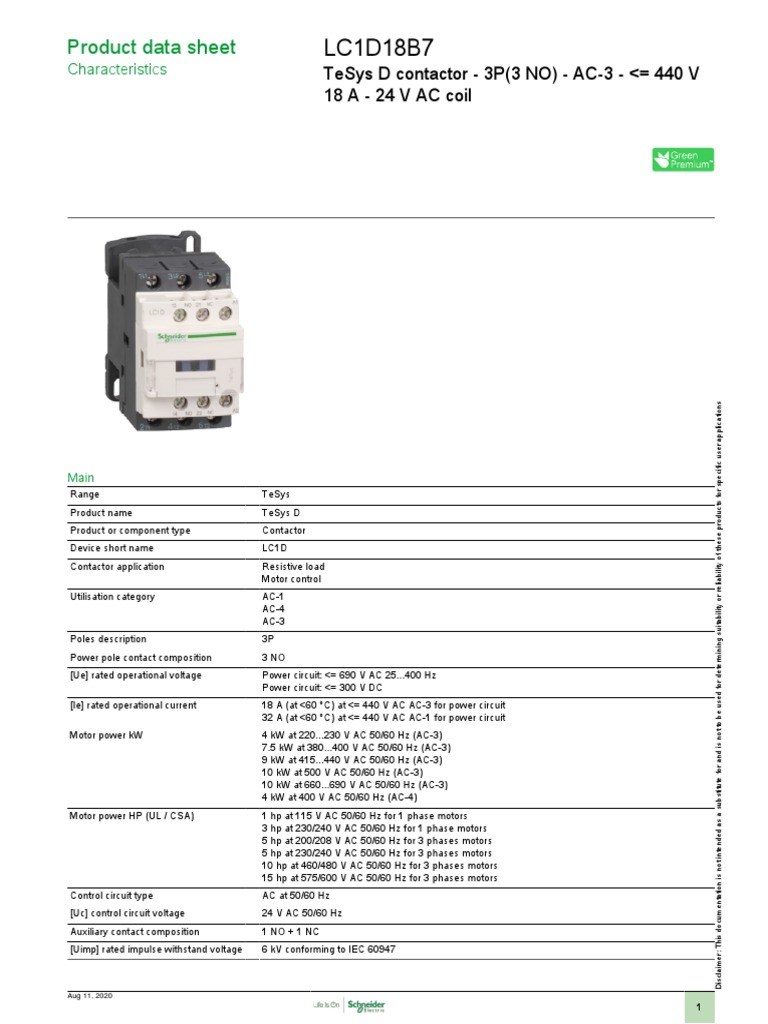 TeSys D Contactor LC1D18B7 Datasheet | PDF | Alternating Current ...