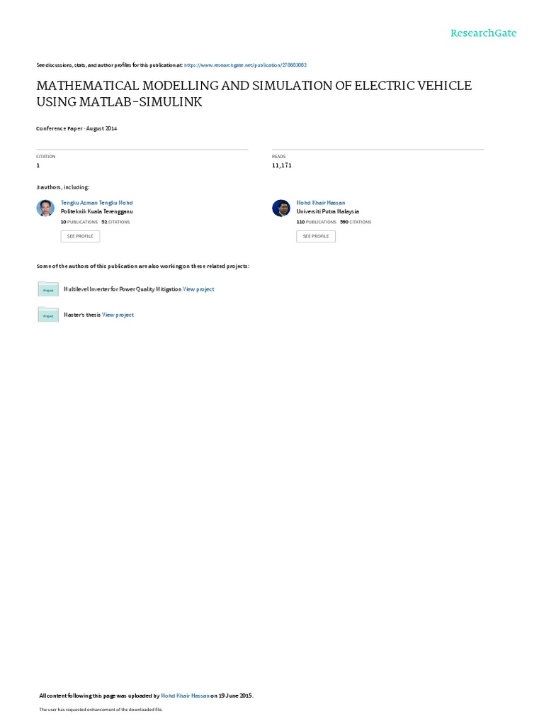Mathematical Modelling and Simulation of Electric Vehicle Using Matlab ...