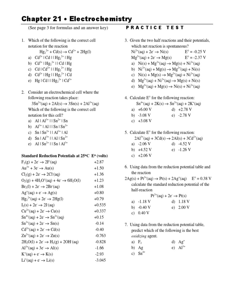 Electrochemistry (See Page 3 For Formulas and An Answer Key) P R A C T