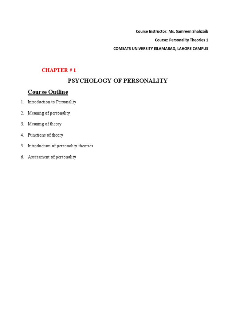 Psychology of Personality Course Outline: Chapter # 1 | PDF ...