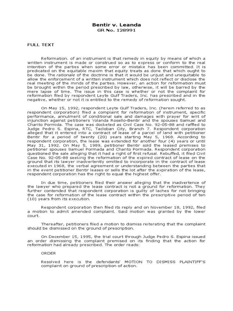 Reversing the Dismissal The Court Finds the Action for Reformation Had