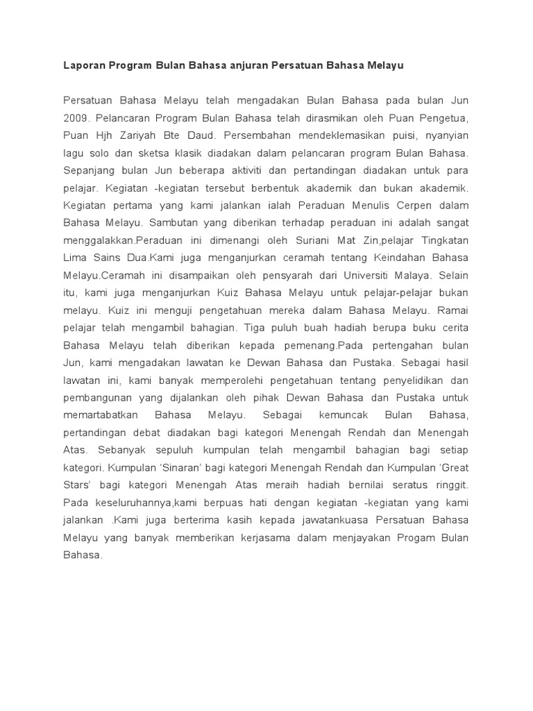 Laporan Program Bulan Bahasa Anjuran Persatuan Bahasa Melayu Pdf