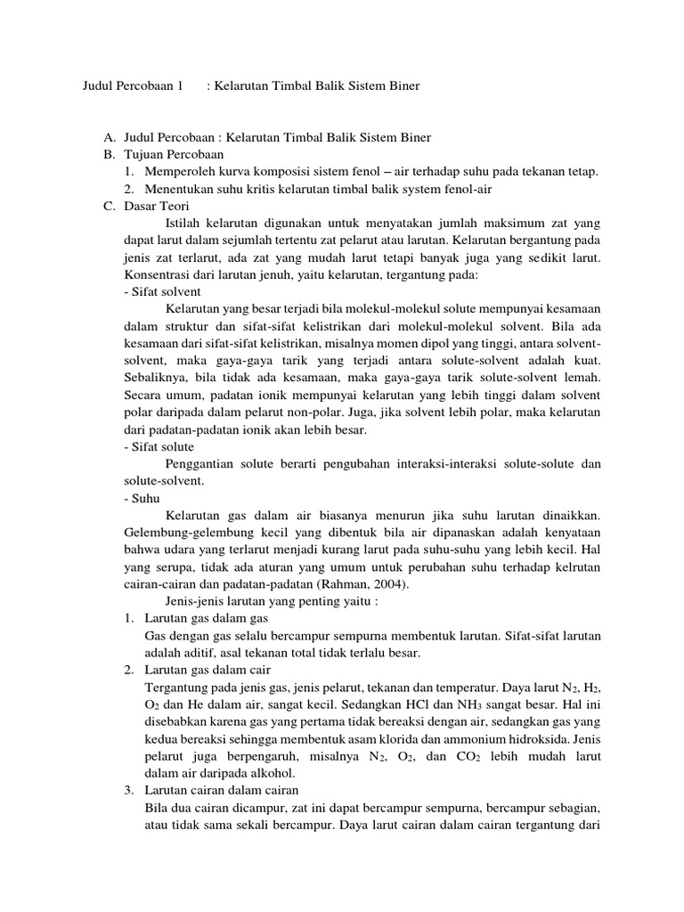 Laporan Praktikum Kelarutan Timbal Balik Sistem Biner PDF