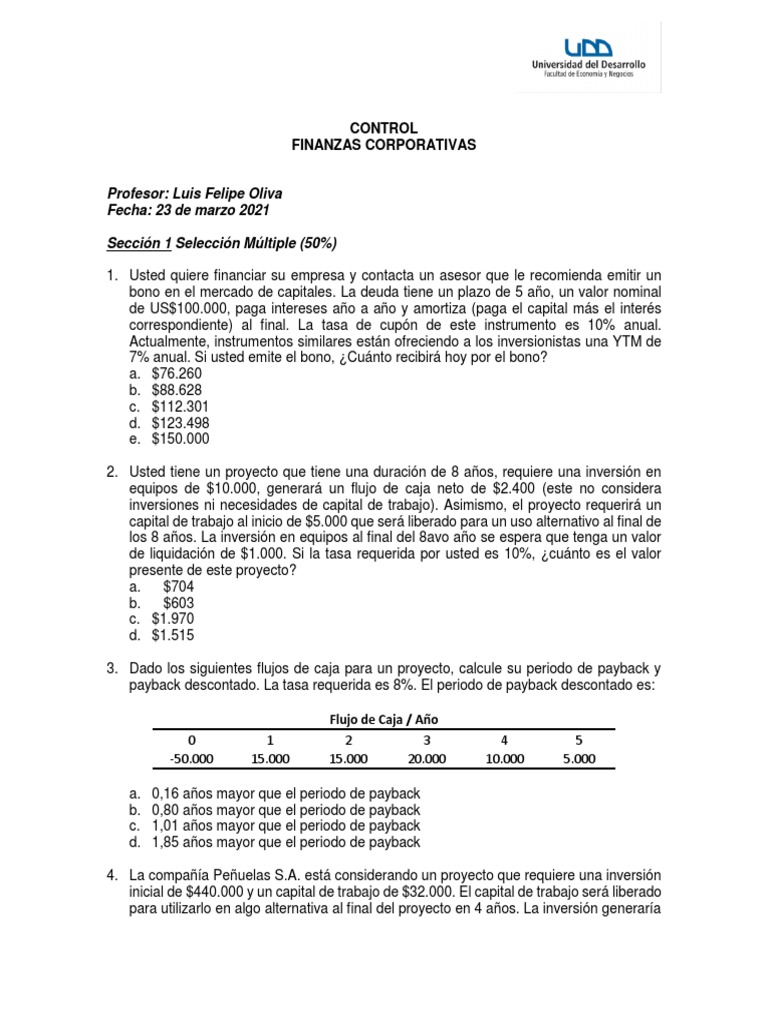 Ejercicios de Control en Finanzas Corporativas | PDF | Flujo de ...