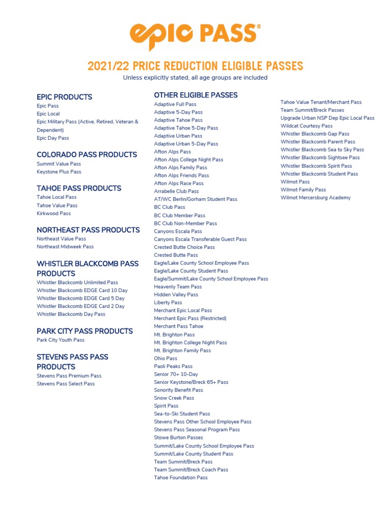 202122 Price Reduction Eligible Epic Passes Download Free PDF Business
