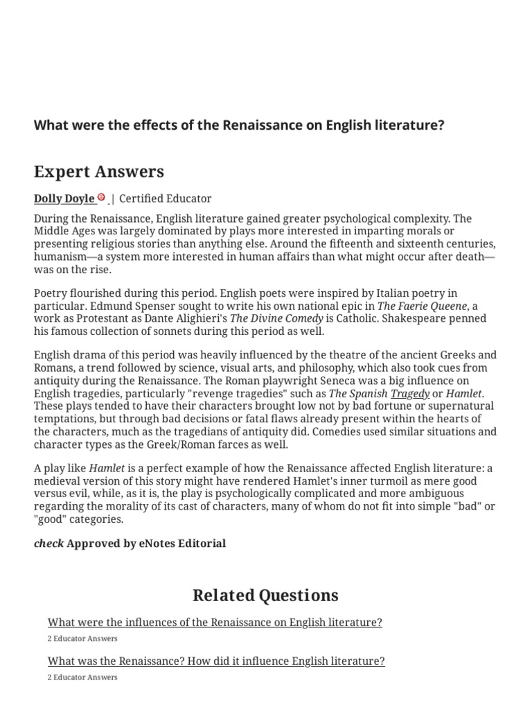 What Were The Effects of The Renaissance On English Literature - Enotes ...