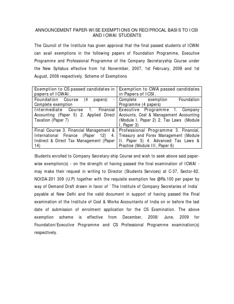 Paper-Wise Exemptions On Reciprocal Basis To Icsi and Icwai 