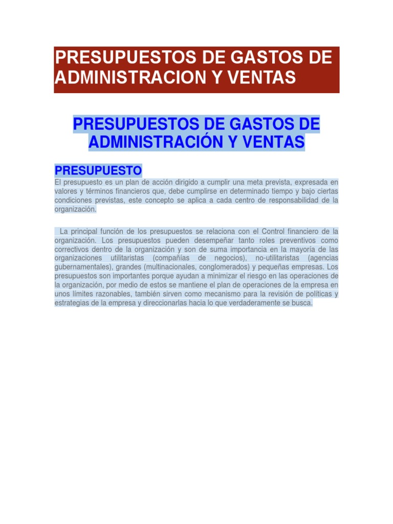 Presupuestos de Gastos Administrativos y Ventas | PDF | Presupuesto ...